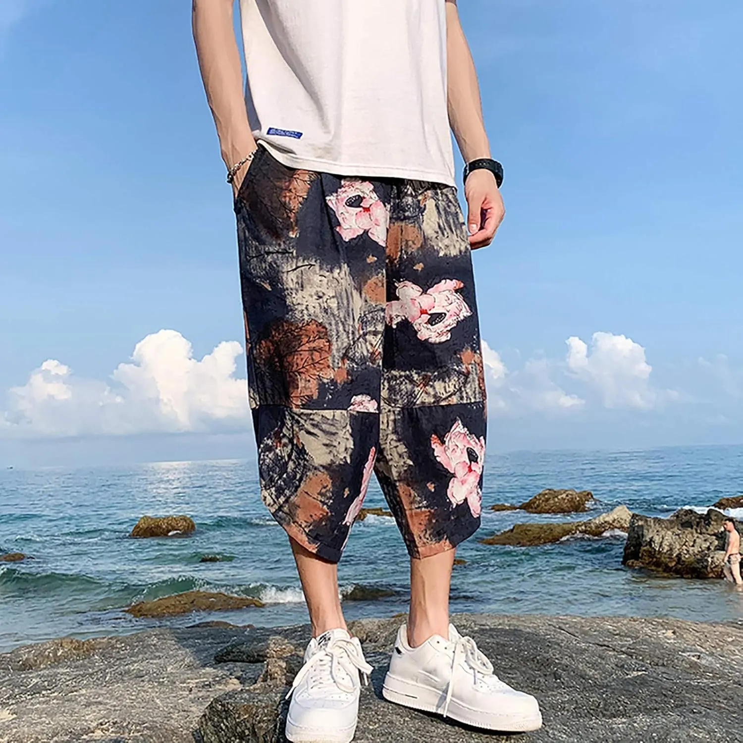 SUWBMHWE Mens Elastic Waist Pants, Men's Cotton-Linen Loose Casual Lightweight Elastic Waist Pants Home Pants