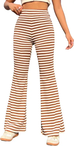 SweatyRocks Women's Striped Print Flare Leg Pants High Waist Stretchy Long Bell Bottom Trousers