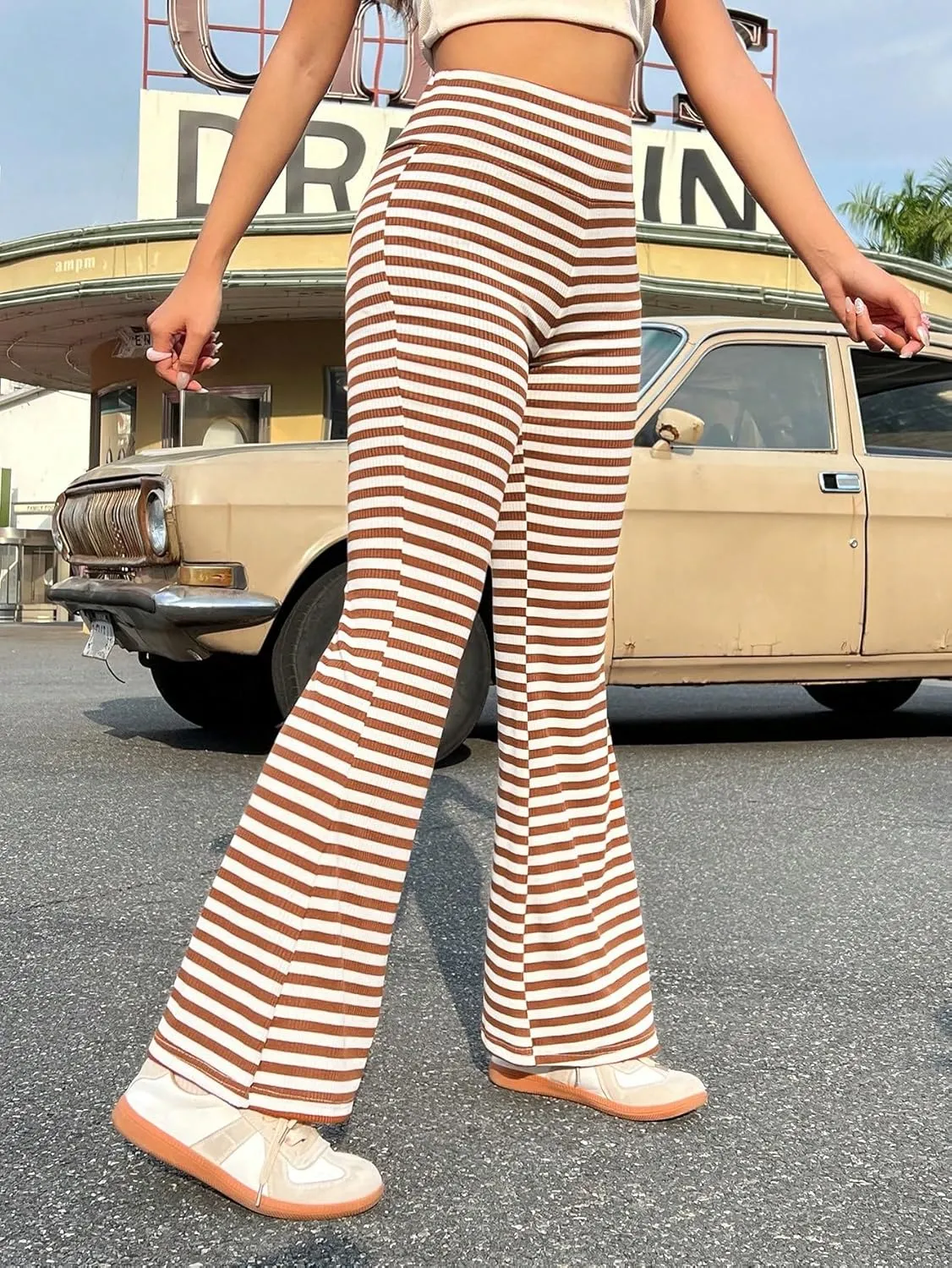 SweatyRocks Women's Striped Print Flare Leg Pants High Waist Stretchy Long Bell Bottom Trousers