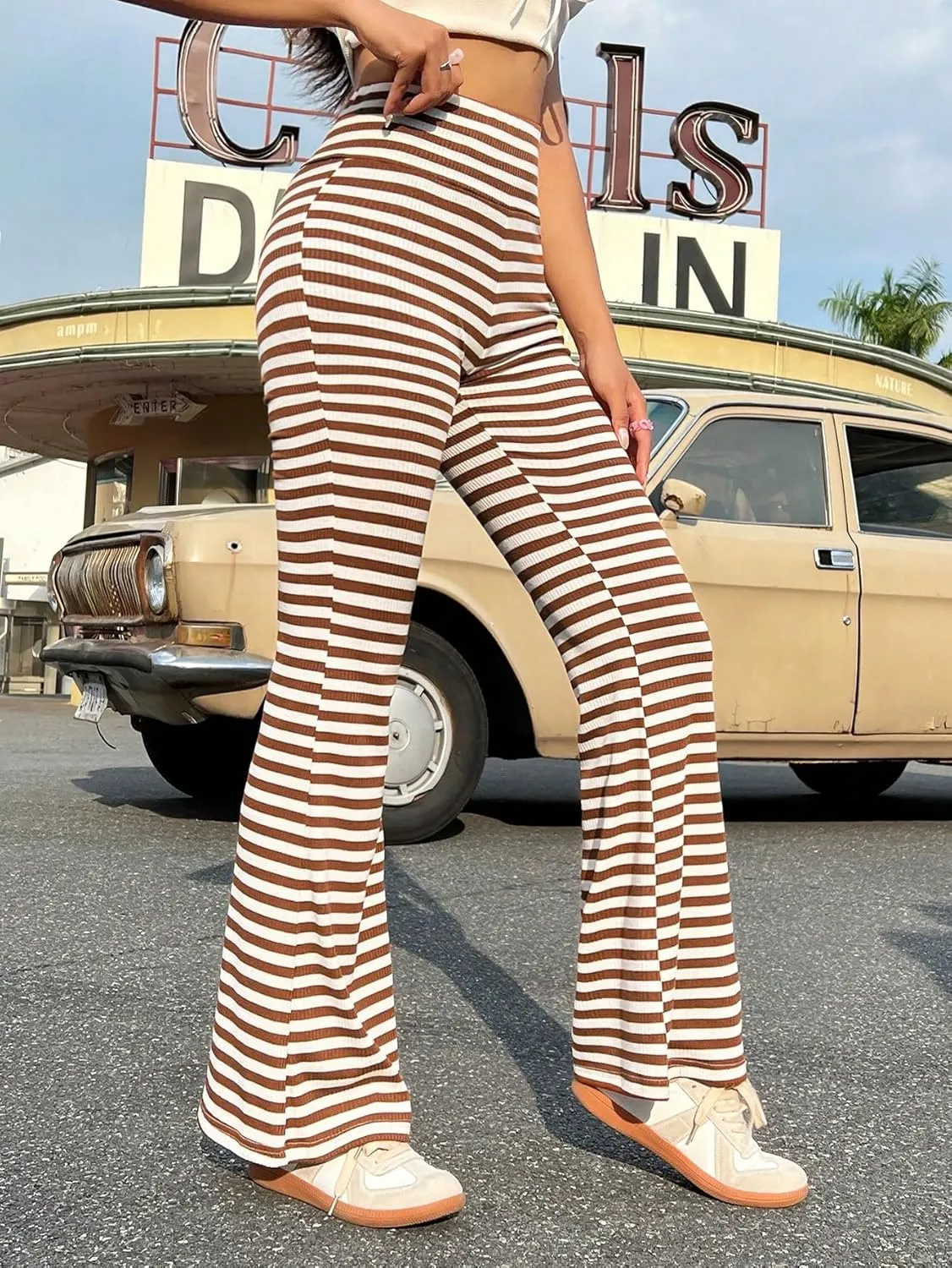 SweatyRocks Women's Striped Print Flare Leg Pants High Waist Stretchy Long Bell Bottom Trousers