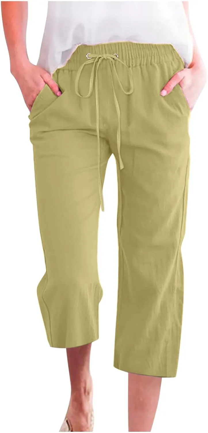 TARIENDY Capri Pants for Women 2025 Summer Casual Elastic Drawstring High Waisted Pants Straight Wide Leg Cropped Trouser