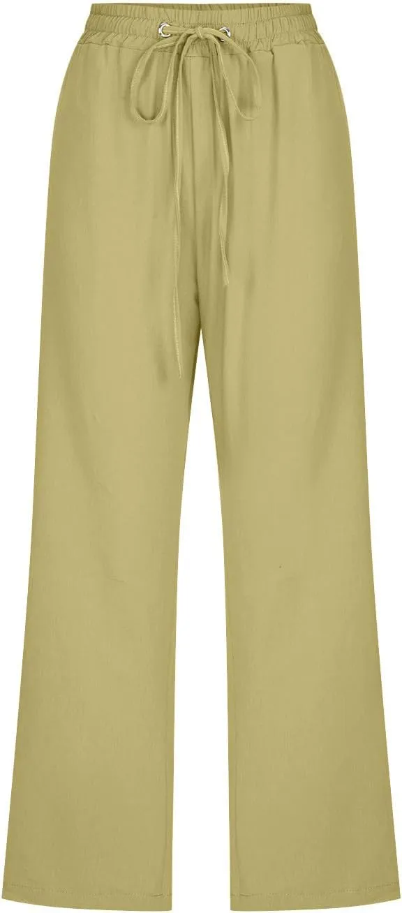 TARIENDY Capri Pants for Women 2025 Summer Casual Elastic Drawstring High Waisted Pants Straight Wide Leg Cropped Trouser