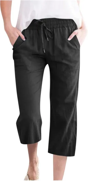 TARIENDY Capri Pants for Women Summer Casual Lounge Pants Wide Leg Pants Elastic Drawstring Cropped Trousers with Pockets