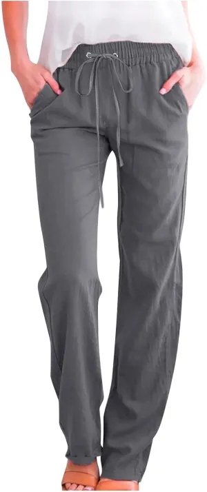 TARIENDY Womens Casual Pants Straight Leg Loose Fit Elastic Drawsting Trousers High Waist Beach Casual Outfits with Pockets