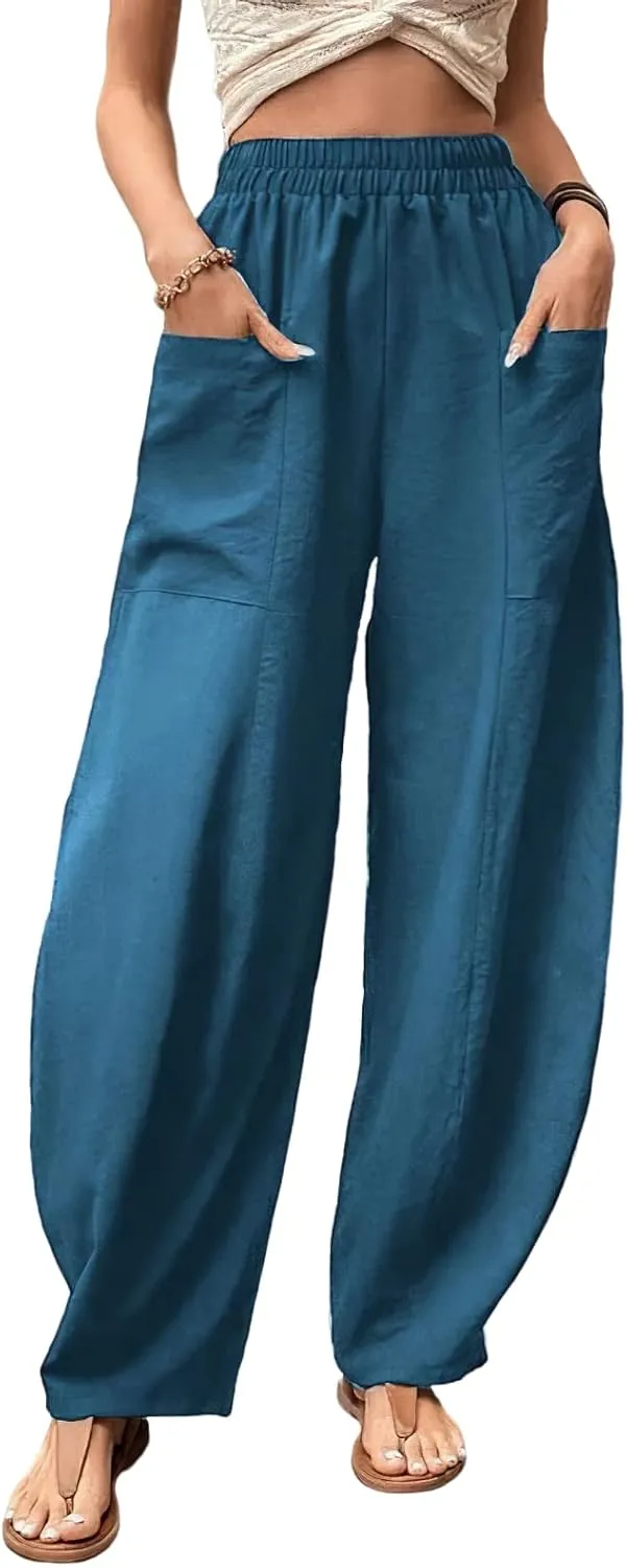 TIAFORD Women's High Waist Baggy Linen Wide Leg Trousers Casual Solid Color Elastic Waist Harem Pants with Front Pockets