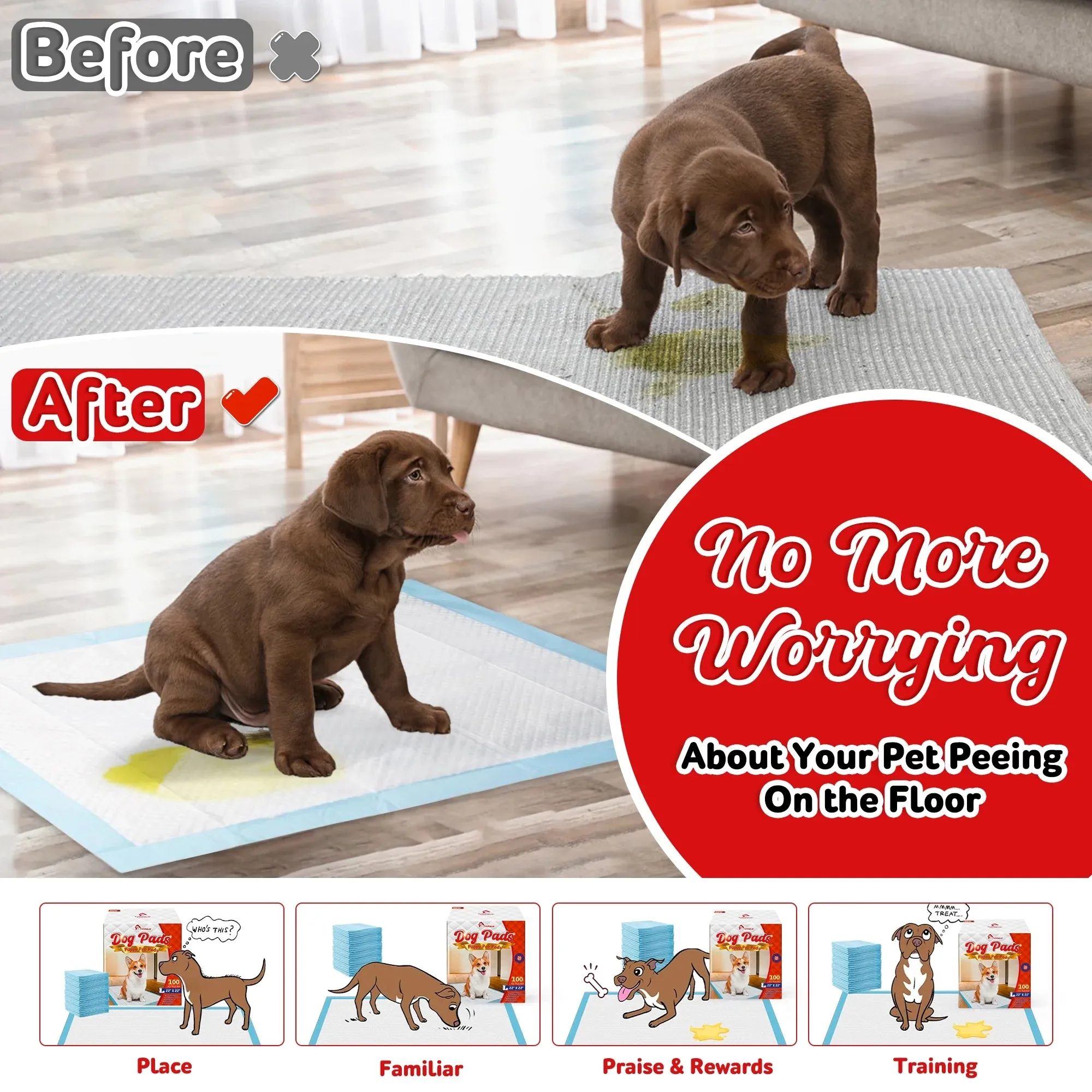 Tolobeve Puppy Pads Training Pads, Large, 22 in x 22 in, 100 Count Disposable Dog Pee Pet Pads