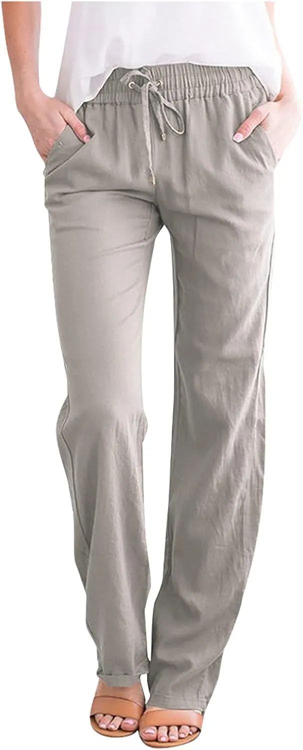 tuduoms Linen Palazzo Pants for Women Summer Business Casual Dressy Comfy Loose Trousers High Waist Lounge Yoga Joggers