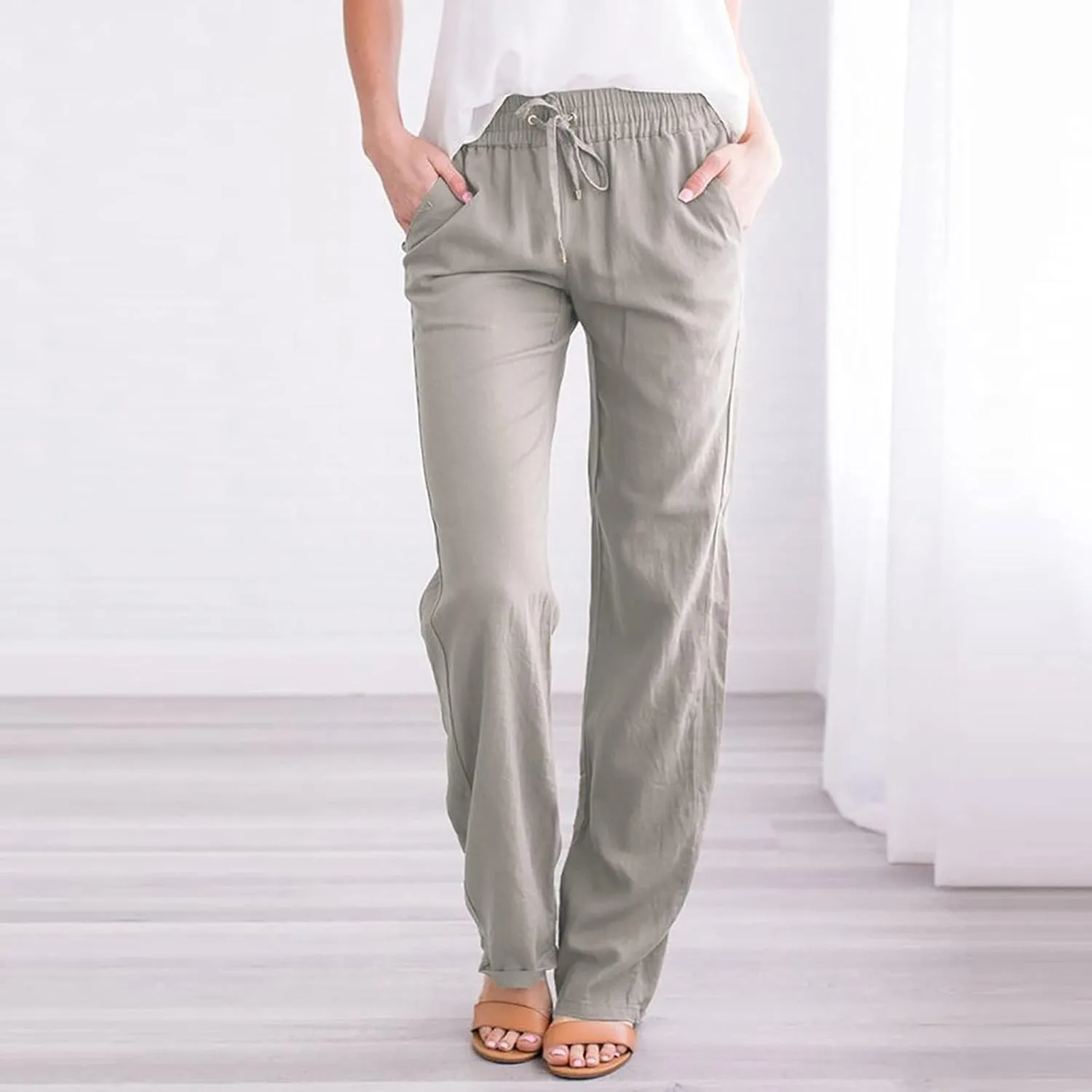 tuduoms Linen Palazzo Pants for Women Summer Business Casual Dressy Comfy Loose Trousers High Waist Lounge Yoga Joggers