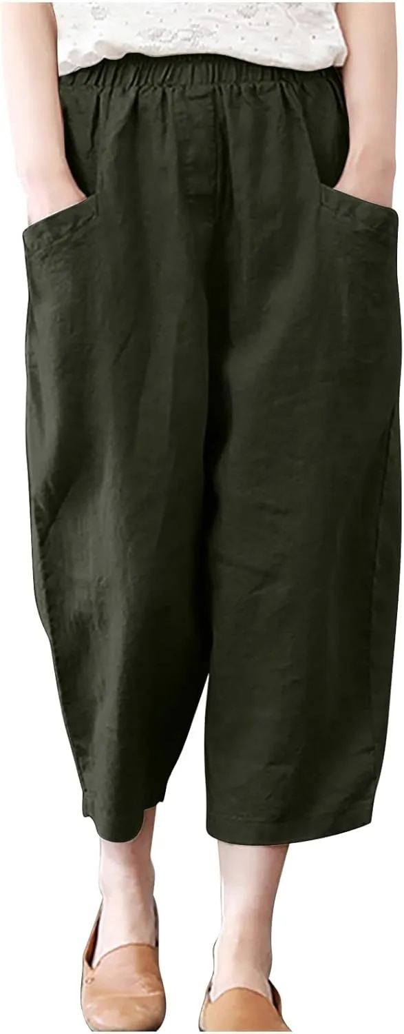 tuduoms Women's Plus Size Baggy Capris for Summer Linen Harem Pants Hippie Lounge Pants Lightweight Loose Fit Yoga Trousers