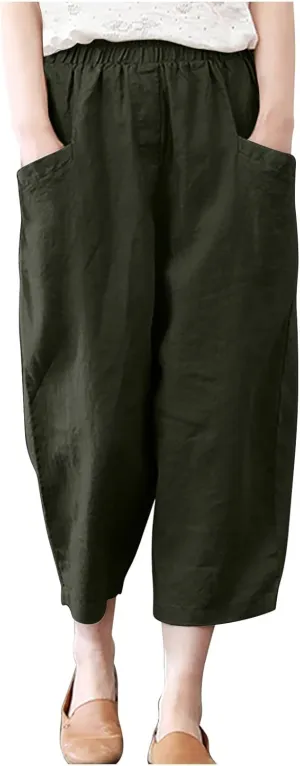 tuduoms Women's Plus Size Baggy Capris for Summer Linen Harem Pants Hippie Lounge Pants Lightweight Loose Fit Yoga Trousers