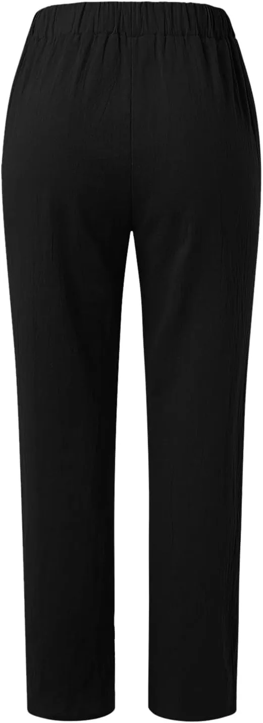 uhnmki Womens Linen Pants with Pockets Loose Elastic High Waisted Comfy Beach Trousers Summer Lightweight Embroidered