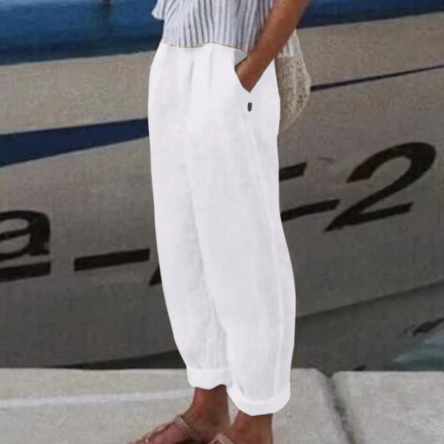 uhnmki Womens Linen Pants with Pockets Loose Elastic High Waisted Comfy Beach Trousers Summer Lightweight Embroidered