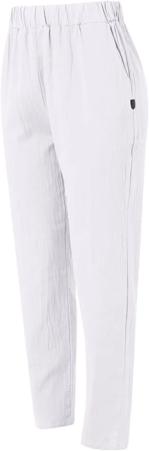 uhnmki Womens Linen Pants with Pockets Loose Elastic High Waisted Comfy Beach Trousers Summer Lightweight Embroidered