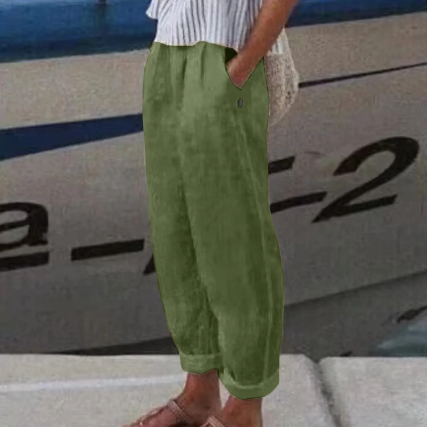 uhnmki Womens Linen Pants with Pockets Loose Elastic High Waisted Comfy Beach Trousers Summer Lightweight Embroidered