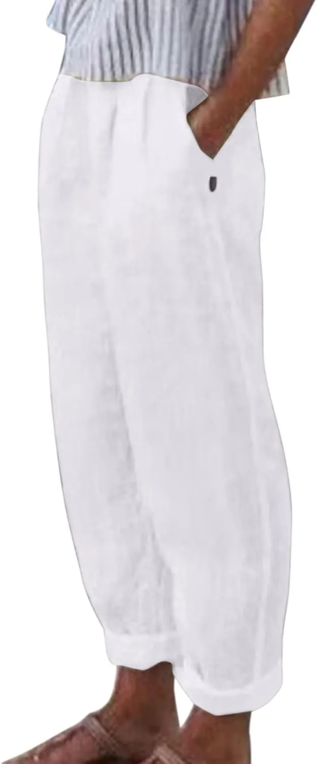 uhnmki Womens Linen Pants with Pockets Loose Elastic High Waisted Comfy Beach Trousers Summer Lightweight Embroidered