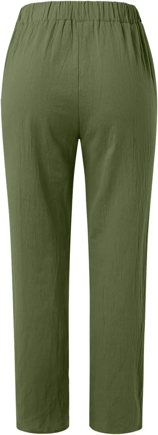 uhnmki Womens Linen Pants with Pockets Loose Elastic High Waisted Comfy Beach Trousers Summer Lightweight Embroidered