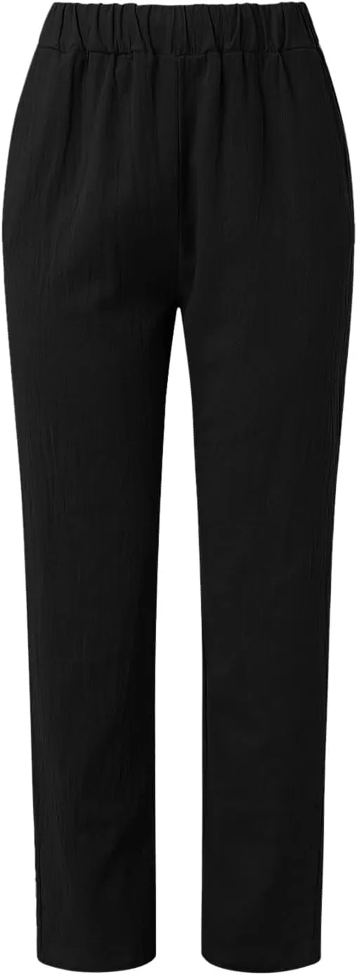 uhnmki Womens Linen Pants with Pockets Loose Elastic High Waisted Comfy Beach Trousers Summer Lightweight Embroidered