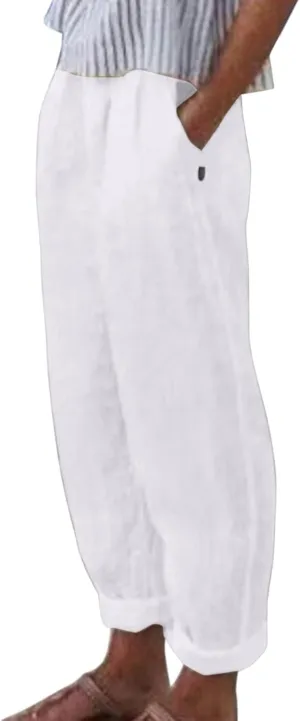 uhnmki Womens Linen Pants with Pockets Loose Elastic High Waisted Comfy Beach Trousers Summer Lightweight Embroidered