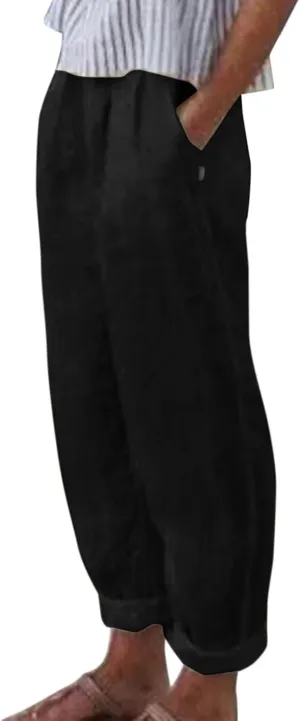 uhnmki Womens Linen Pants with Pockets Loose Elastic High Waisted Comfy Beach Trousers Summer Lightweight Embroidered