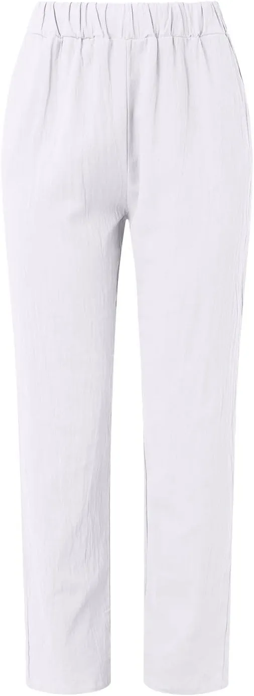 uhnmki Womens Linen Pants with Pockets Loose Elastic High Waisted Comfy Beach Trousers Summer Lightweight Embroidered