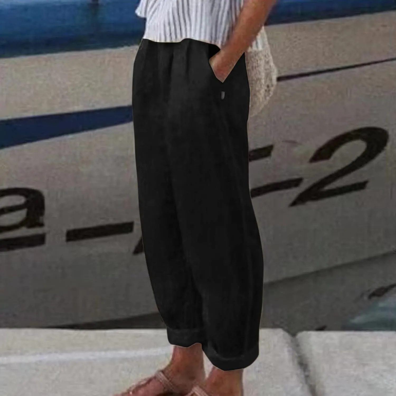 uhnmki Womens Linen Pants with Pockets Loose Elastic High Waisted Comfy Beach Trousers Summer Lightweight Embroidered
