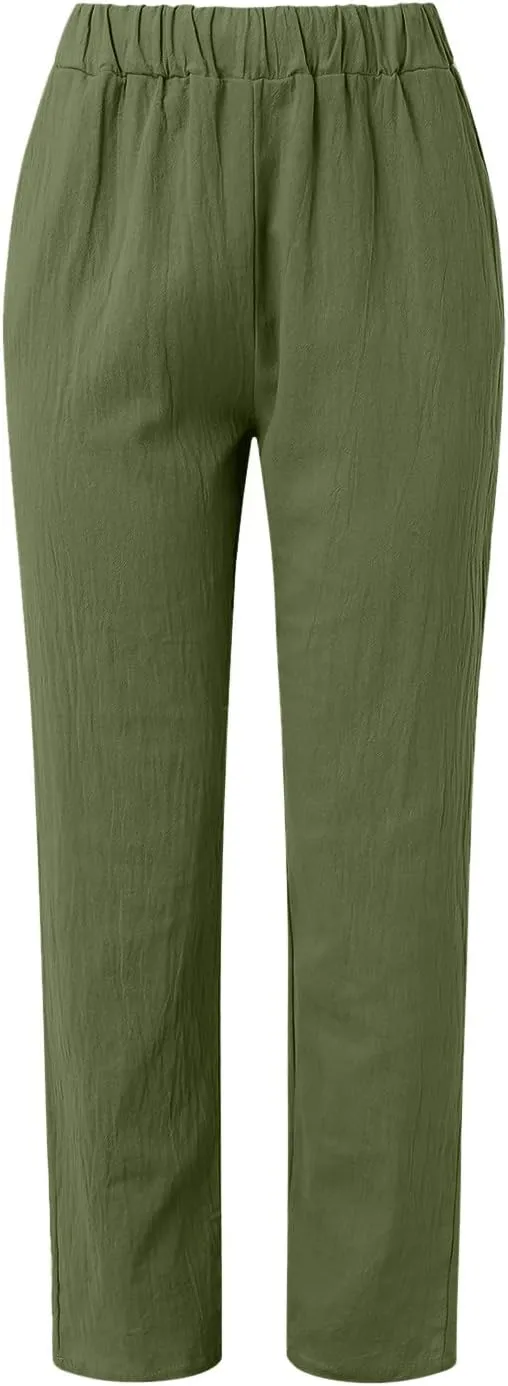 uhnmki Womens Linen Pants with Pockets Loose Elastic High Waisted Comfy Beach Trousers Summer Lightweight Embroidered