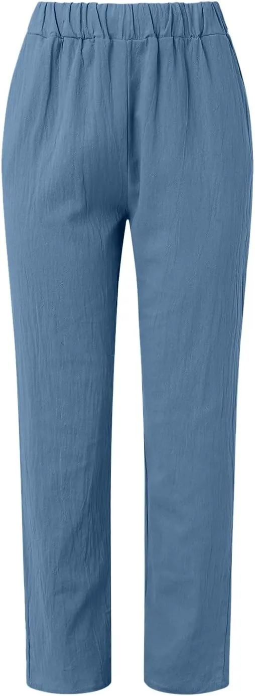 uhnmki Womens Linen Pants with Pockets Loose Elastic High Waisted Comfy Beach Trousers Summer Lightweight Embroidered