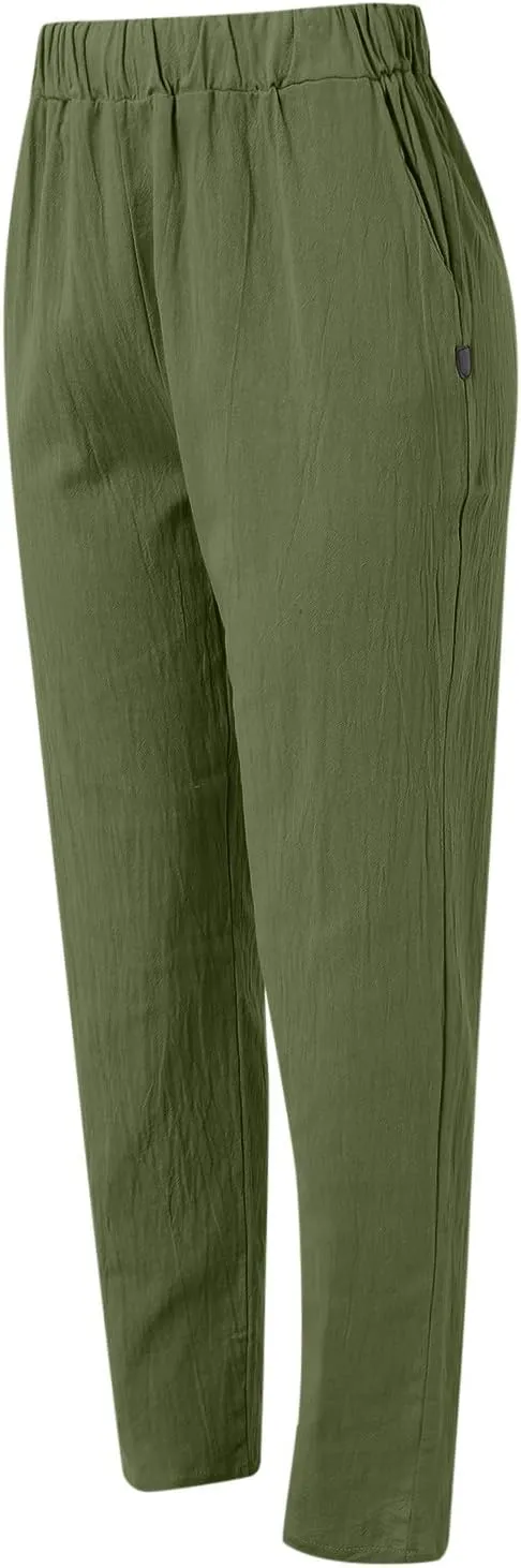 uhnmki Womens Linen Pants with Pockets Loose Elastic High Waisted Comfy Beach Trousers Summer Lightweight Embroidered