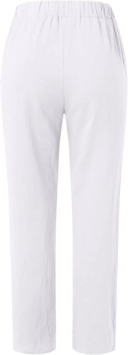 uhnmki Womens Linen Pants with Pockets Loose Elastic High Waisted Comfy Beach Trousers Summer Lightweight Embroidered