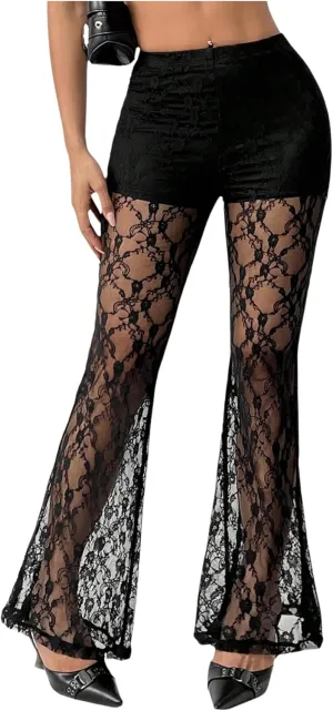 Verdusa Women's Contrast Lace Sheer Bell Bottom Flare Pants High Waist Long Trousers