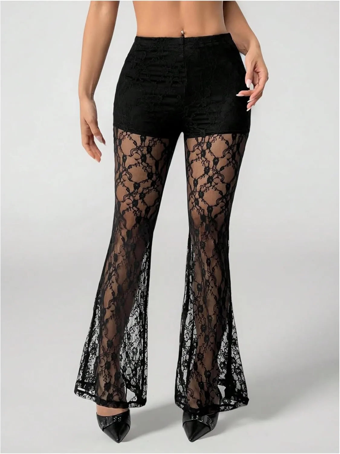 Verdusa Women's Contrast Lace Sheer Bell Bottom Flare Pants High Waist Long Trousers