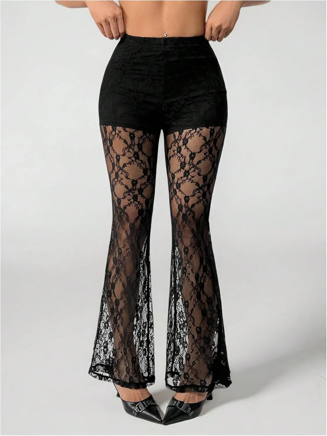Verdusa Women's Contrast Lace Sheer Bell Bottom Flare Pants High Waist Long Trousers