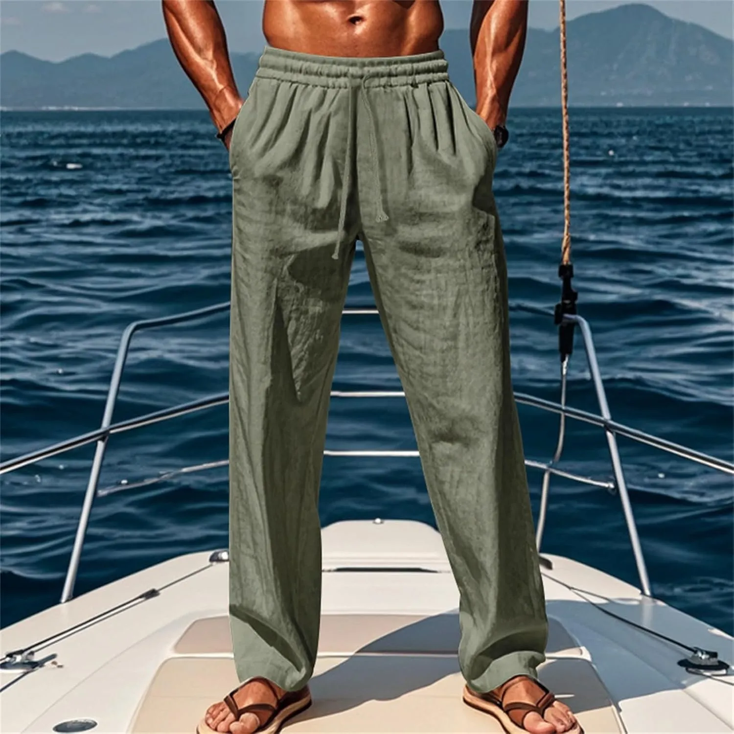 Vickyleb Mens Cotton Linen Pants Casual Straight Legs Loose Summer Beach Loose Trousers with Elastic Waist Drawstring