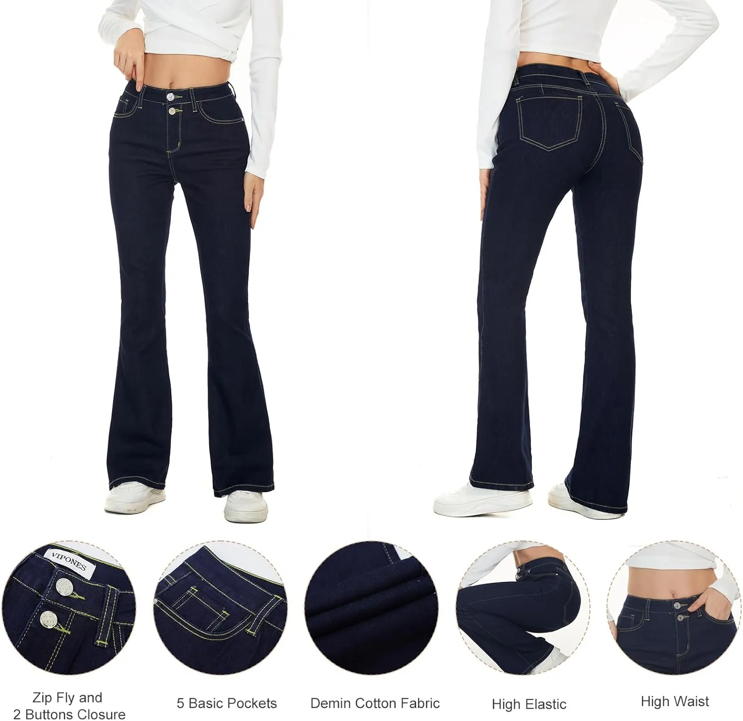 VIPONES Bell Bottom Jeans for Women Stretchy High Waisted Flare Curvy Denim Pants