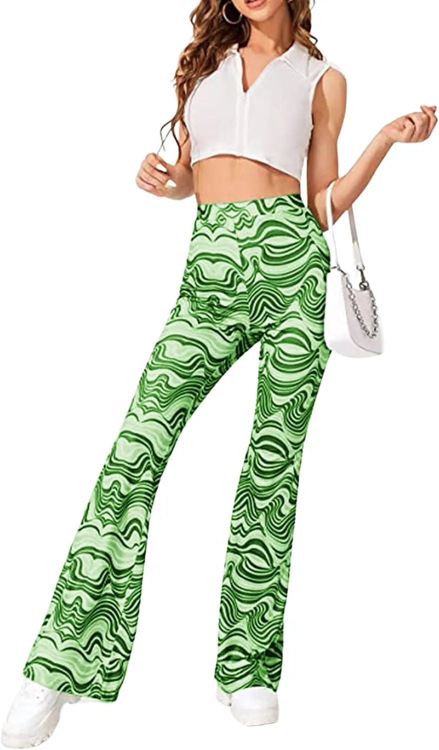 Vrtige Women's Print High Waist Wide Leg Bell Bottom Yoga Flare Pants Trousers