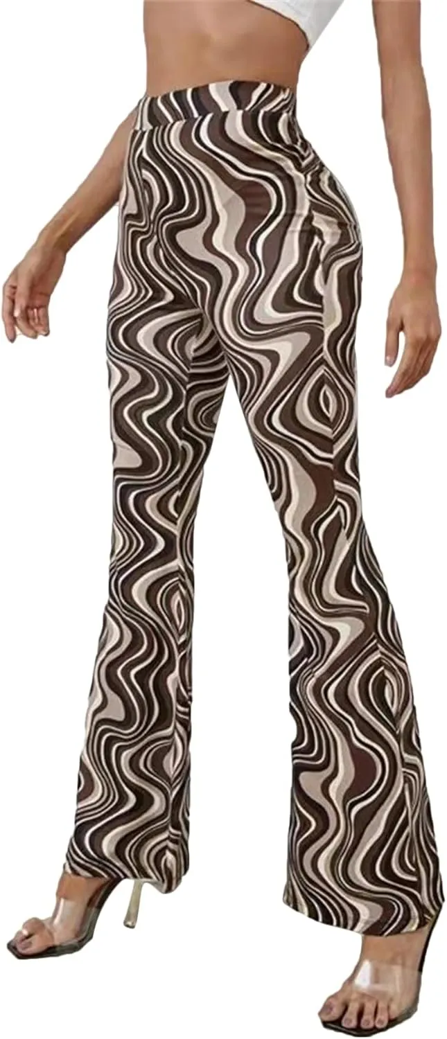 Vrtige Women's Print High Waist Wide Leg Bell Bottom Yoga Flare Pants Trousers