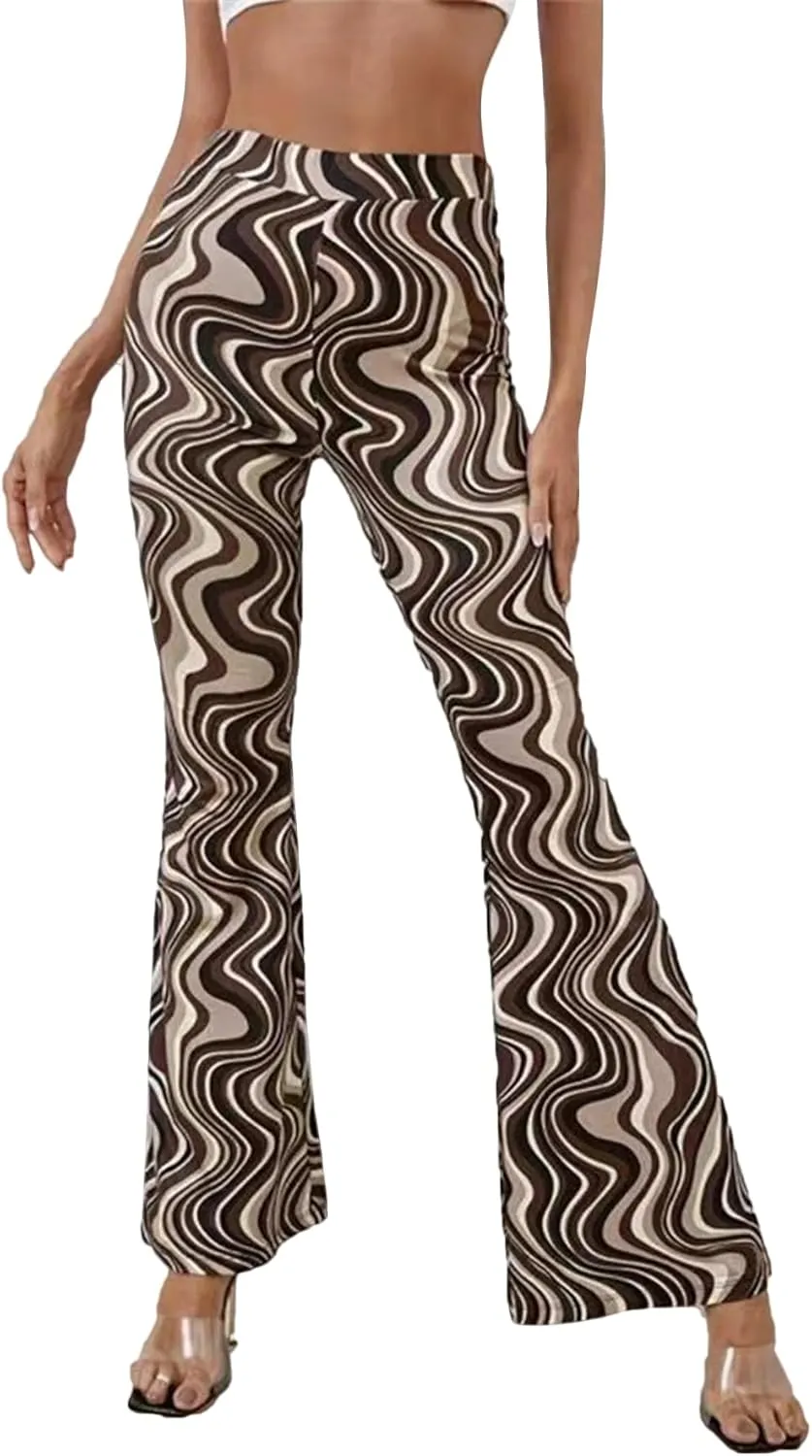 Vrtige Women's Print High Waist Wide Leg Bell Bottom Yoga Flare Pants Trousers