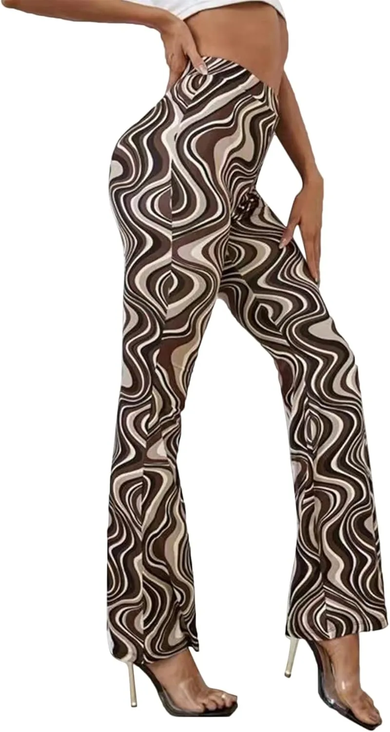 Vrtige Women's Print High Waist Wide Leg Bell Bottom Yoga Flare Pants Trousers