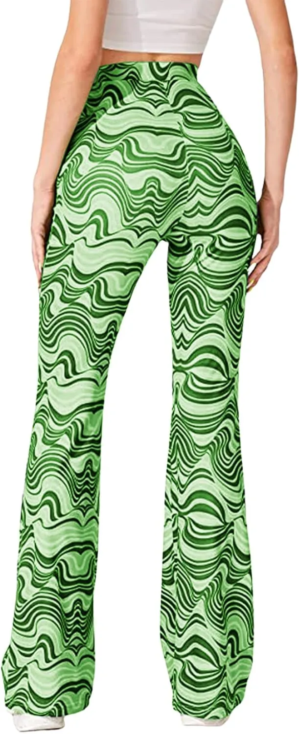 Vrtige Women's Print High Waist Wide Leg Bell Bottom Yoga Flare Pants Trousers