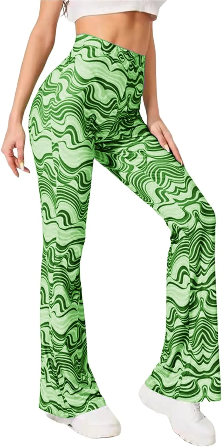 Vrtige Women's Print High Waist Wide Leg Bell Bottom Yoga Flare Pants Trousers
