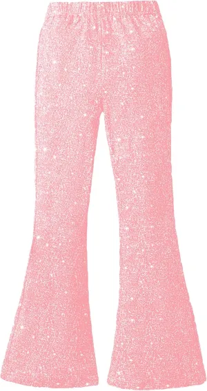 WDIRARA Girl's Glitter Elastic Waist Flare Bell Bottom Party Stretch Pants