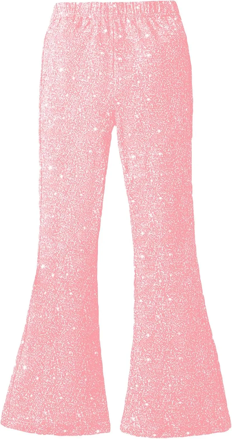 WDIRARA Girl's Glitter Elastic Waist Flare Bell Bottom Party Stretch Pants