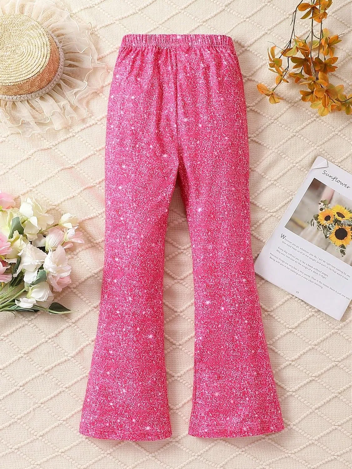 WDIRARA Girl's Glitter Elastic Waist Flare Bell Bottom Party Stretch Pants