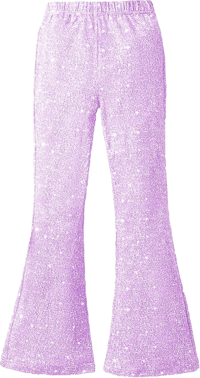 WDIRARA Girl's Glitter Elastic Waist Flare Bell Bottom Party Stretch Pants