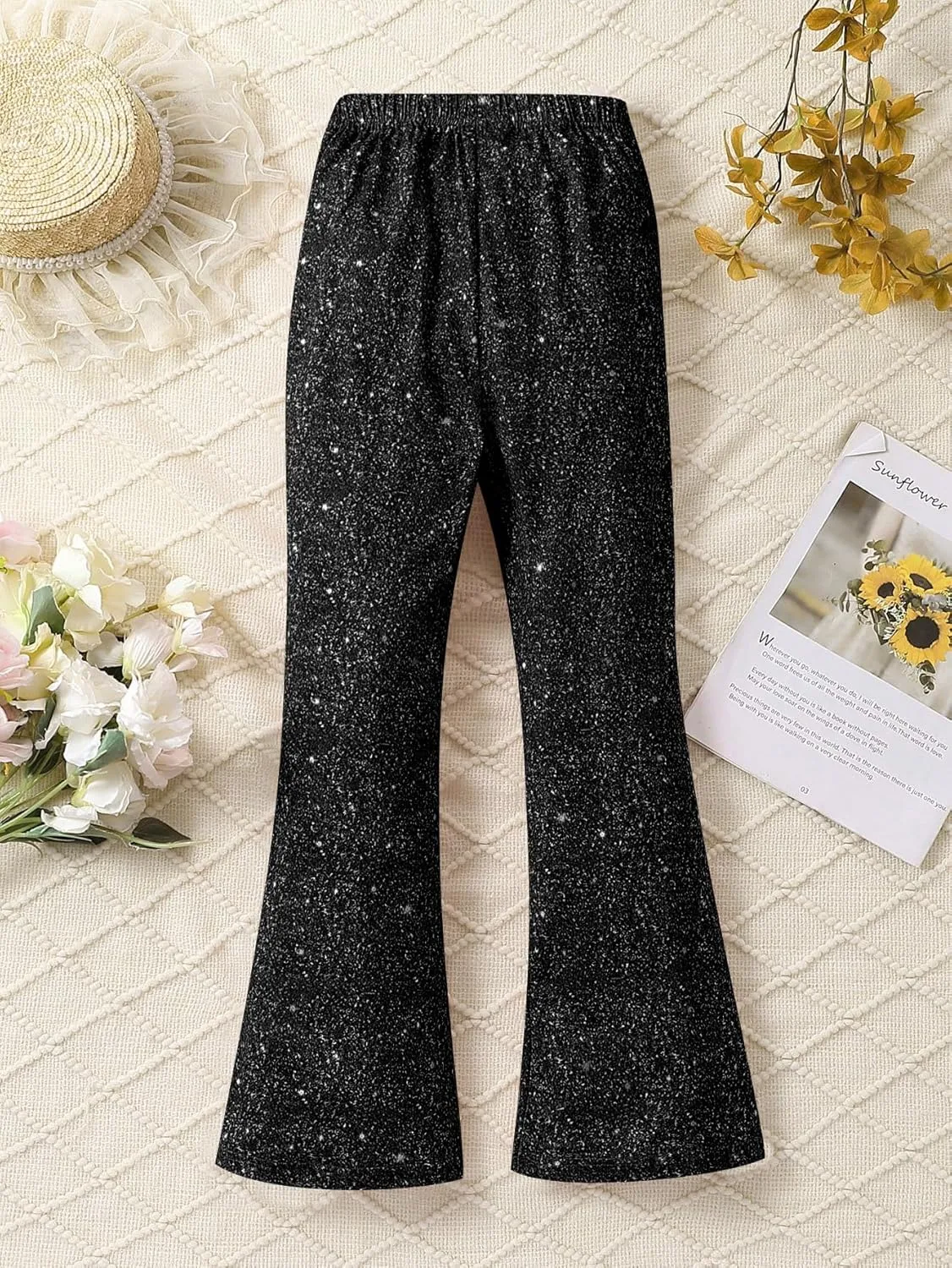 WDIRARA Girl's Glitter Elastic Waist Flare Bell Bottom Party Stretch Pants