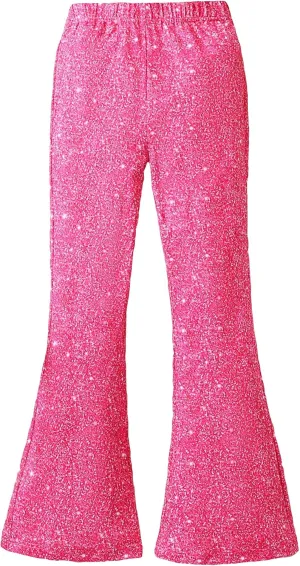 WDIRARA Girl's Glitter Elastic Waist Flare Bell Bottom Party Stretch Pants