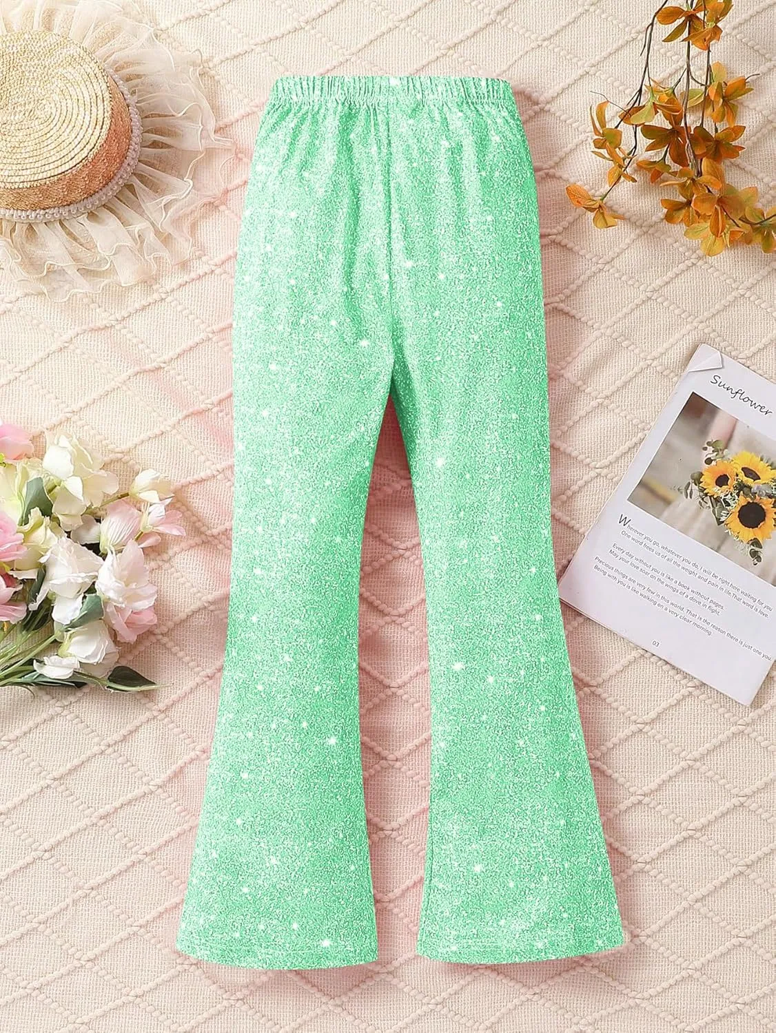 WDIRARA Girl's Glitter Elastic Waist Flare Bell Bottom Party Stretch Pants