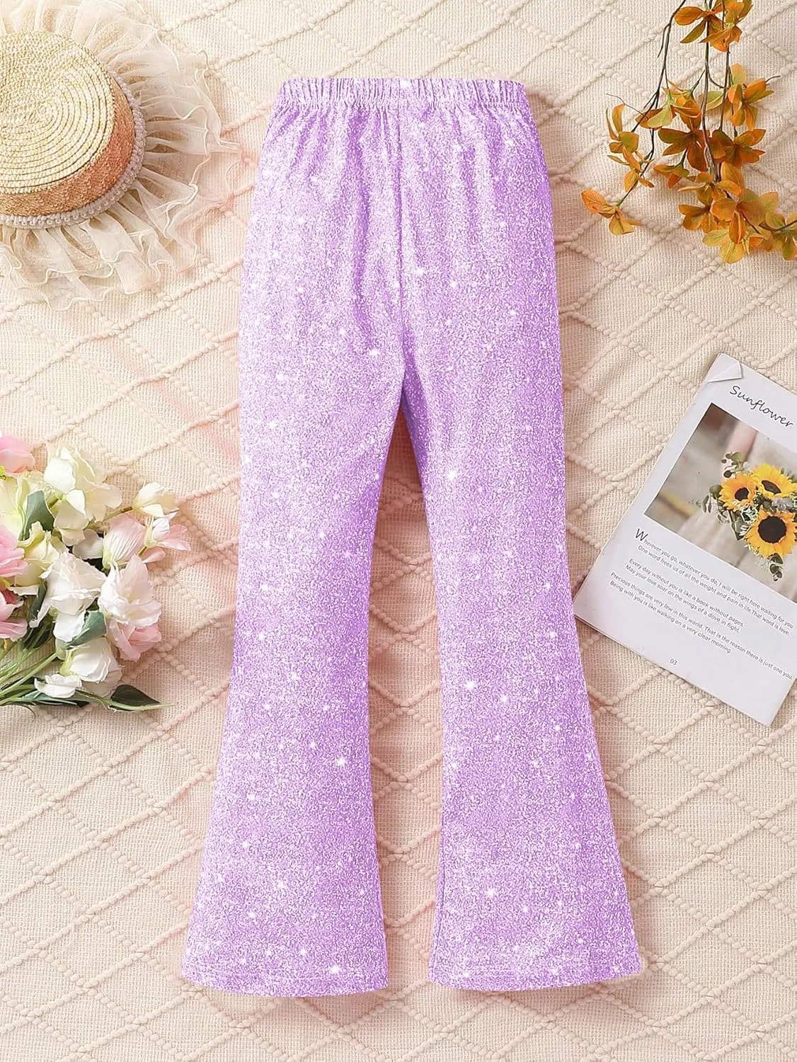WDIRARA Girl's Glitter Elastic Waist Flare Bell Bottom Party Stretch Pants