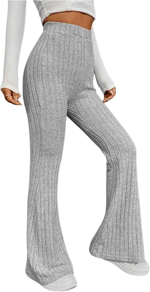 WDIRARA Women's Elastic High Waist Flare Pants Ribbed Knit Bell Bottom Trousers