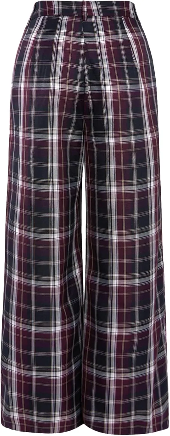 WDIRARA Women's Plaid Wide Leg Pants Casual High Waist Long Pants Trousers